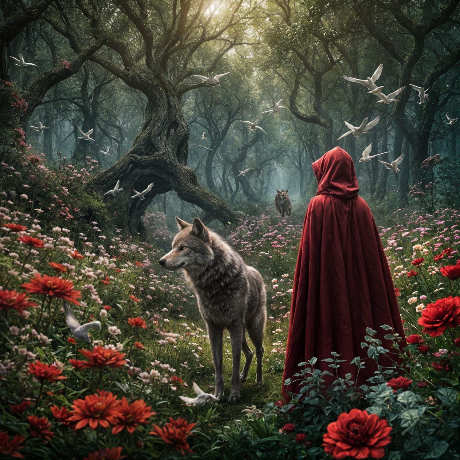 Little Red Riding Hood and Wolf in Dream Forest