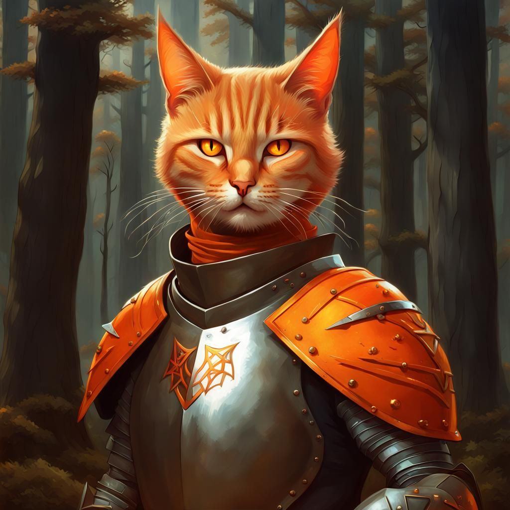 Anthropomorphic Knight Cat in Dark Orange Outfit