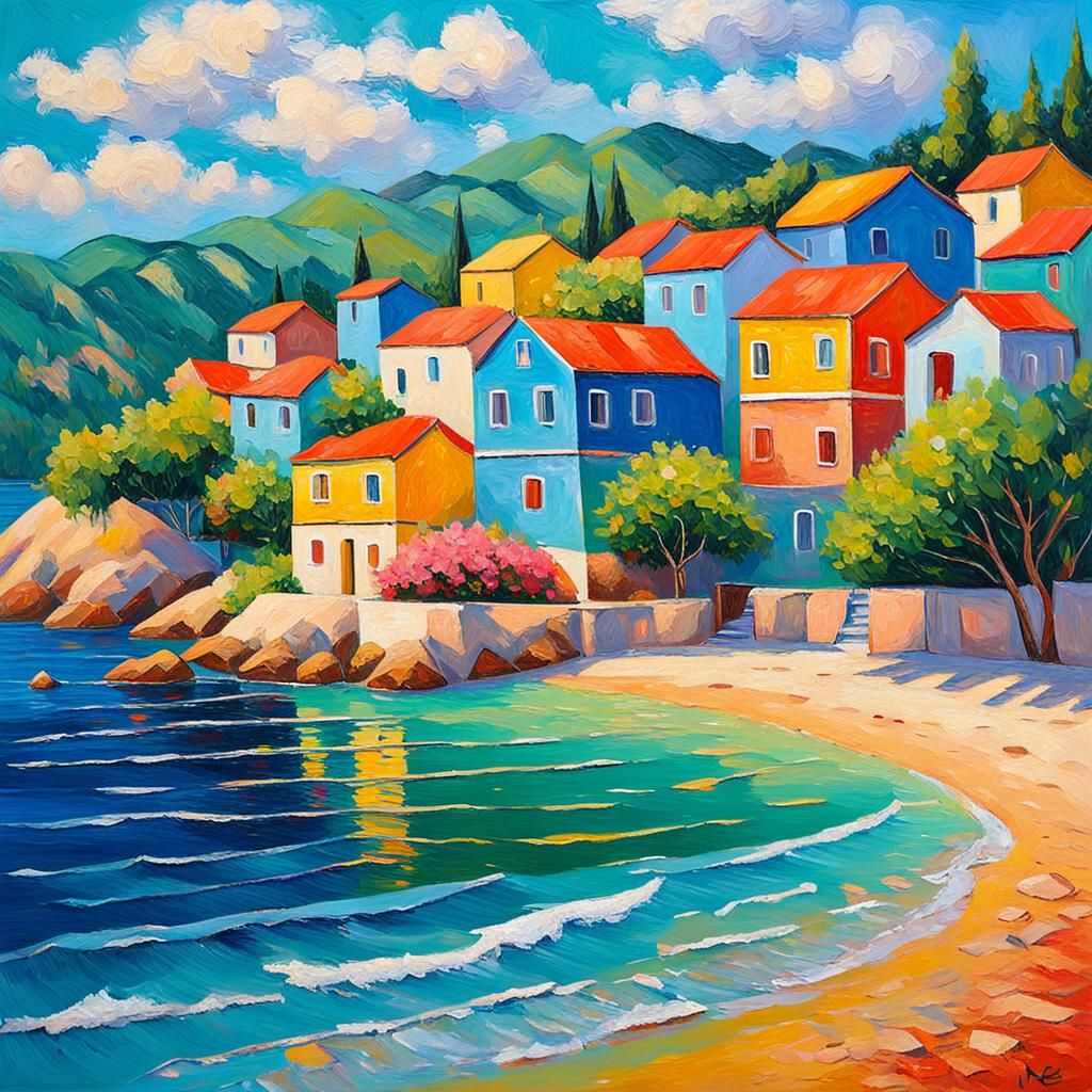 Colorful Seaside Village in Expressionist Style