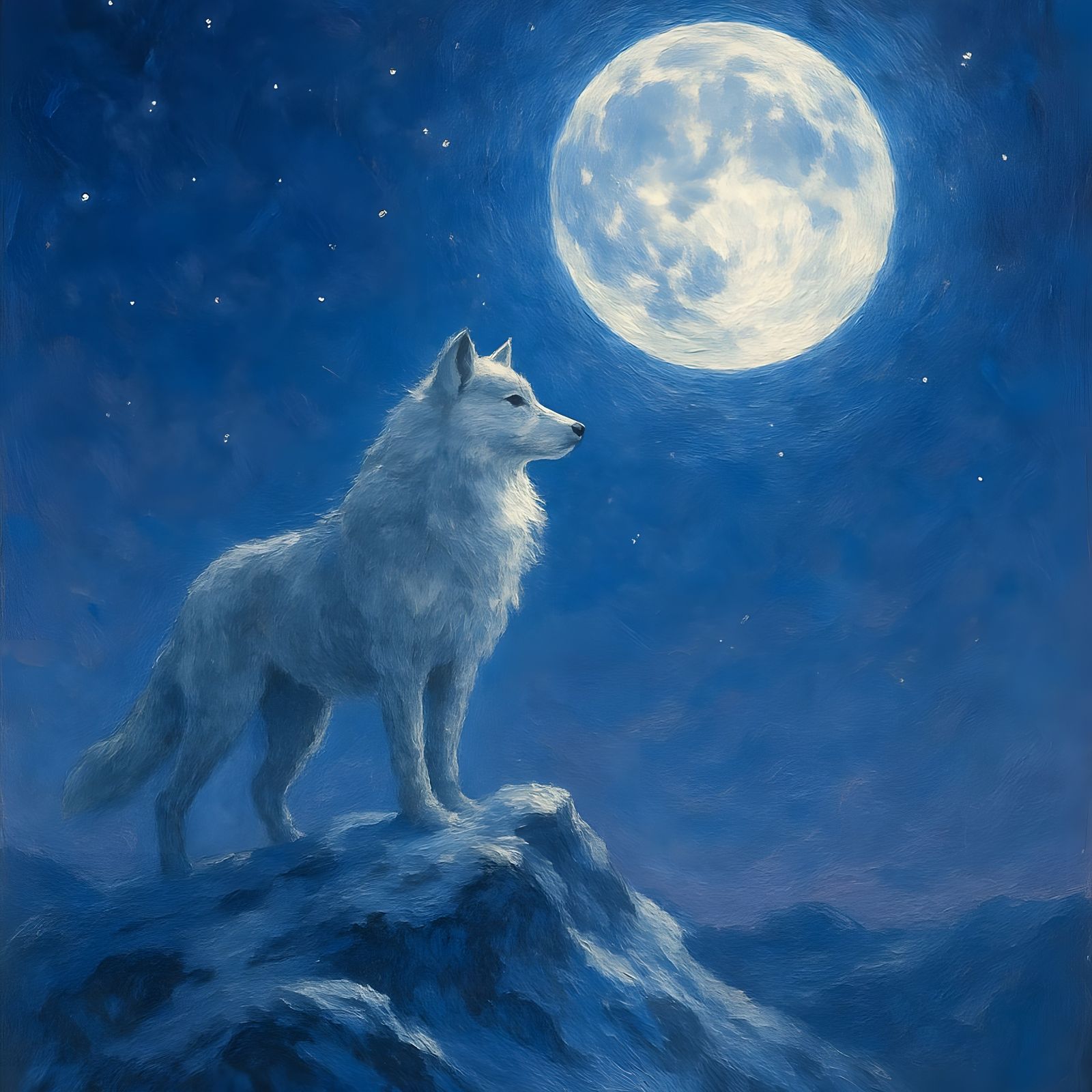 White Wolf Moonlit Peak: Abstract Oil Painting
