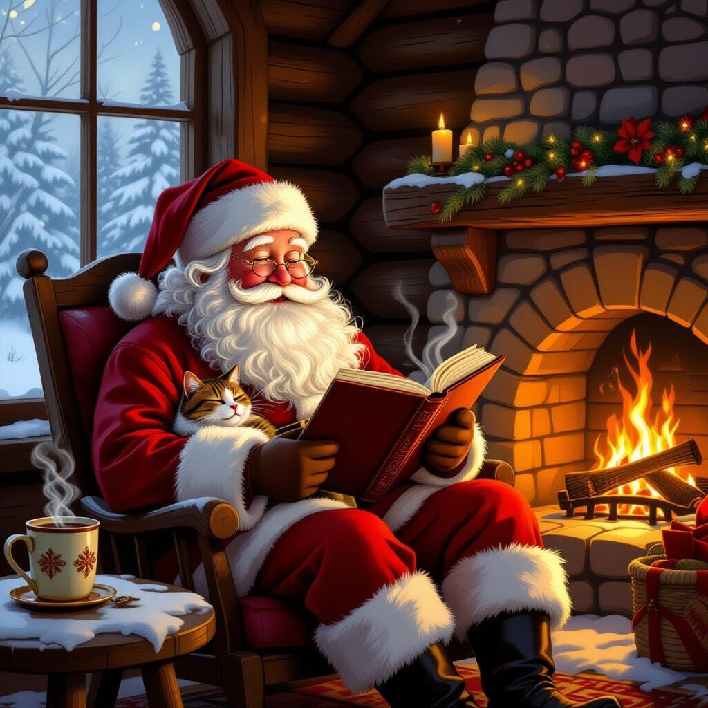 Cozy Santa Reading by Fireplace in Snowy Cabin