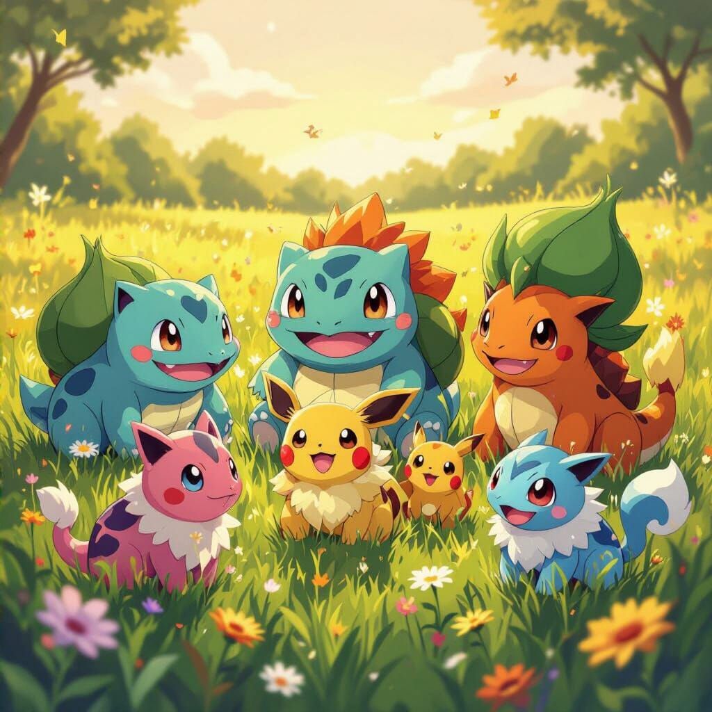 Pokemon Group Illustration in Ghibli-Inspired Style