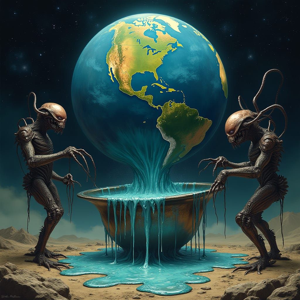 Apocalyptic Earth Drips into Cup of Evil Aliens in Dark Sci-...