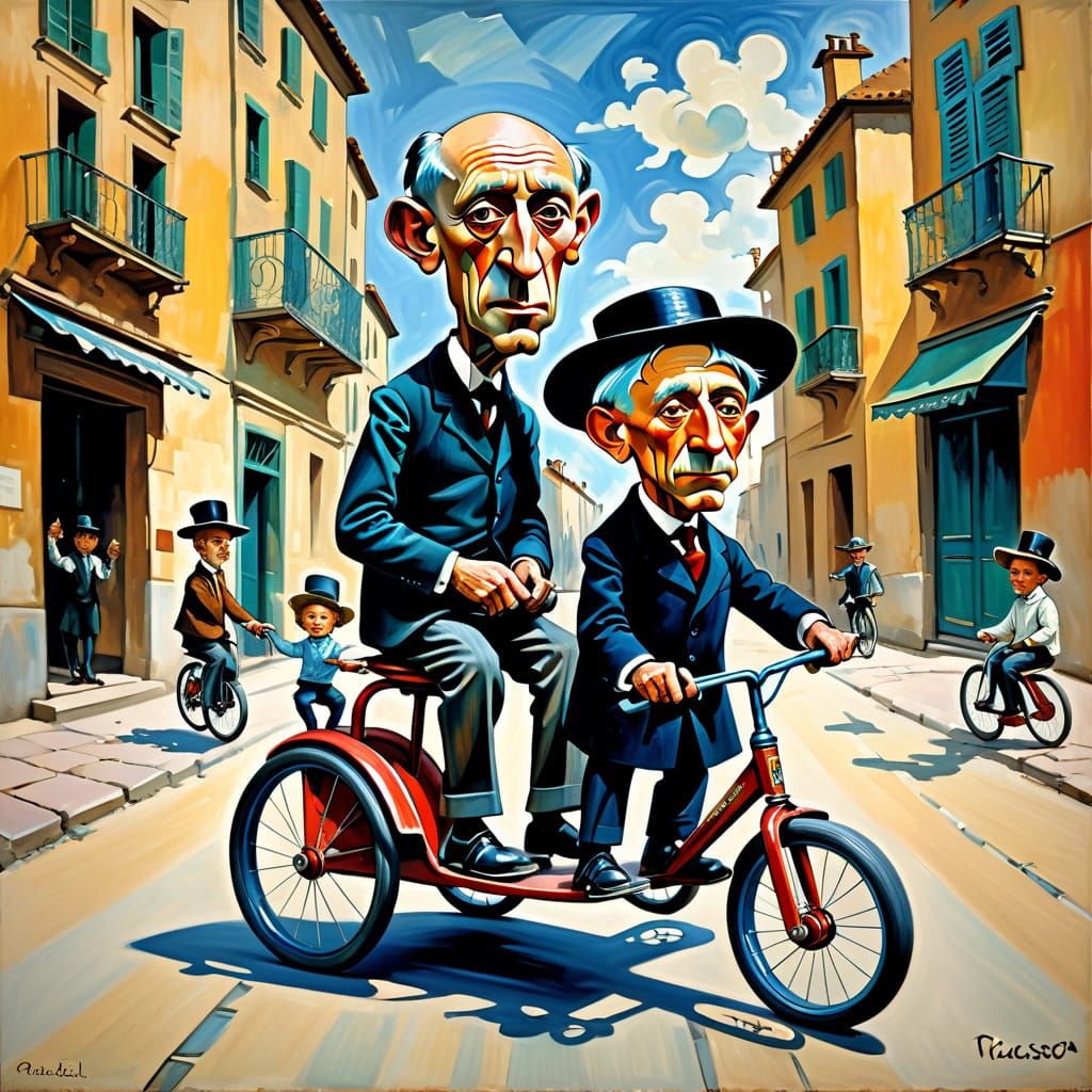 Picasso and Lautrec Ride Tricycle and Unicycle in Cubist Sty...
