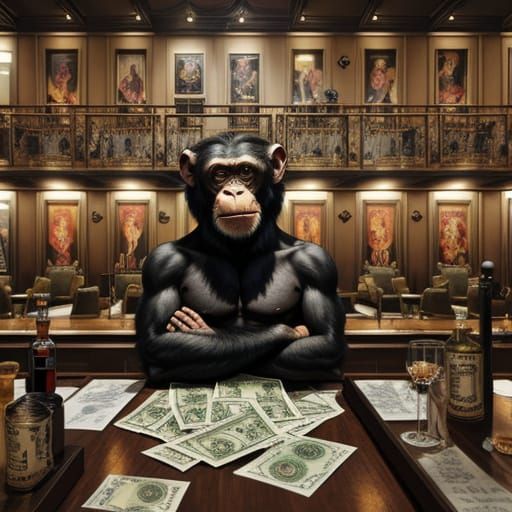 Chimpanzee in Nightclub, Surrealist Oil Painting