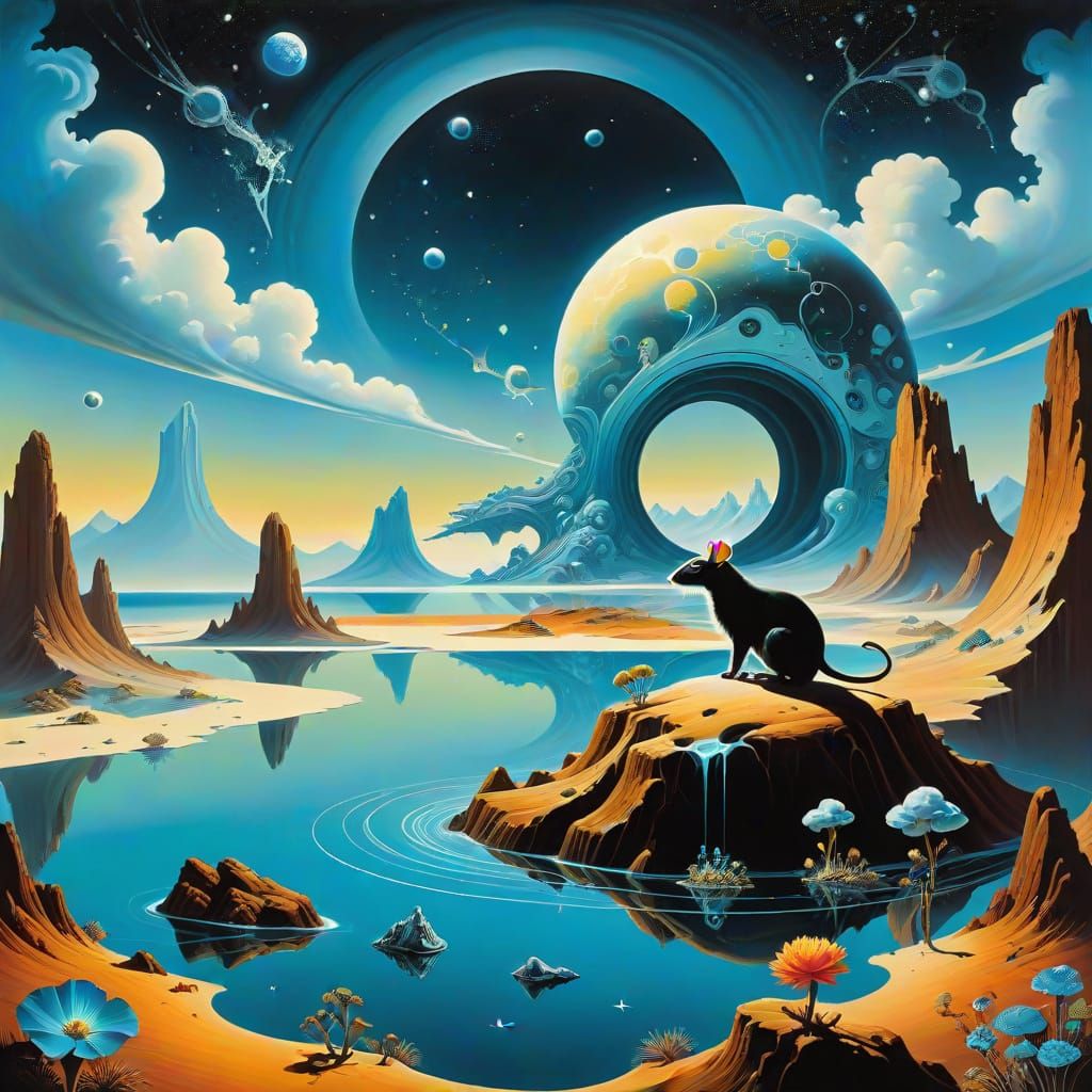 Surreal Cosmic Landscape with Giant Luminous Rat