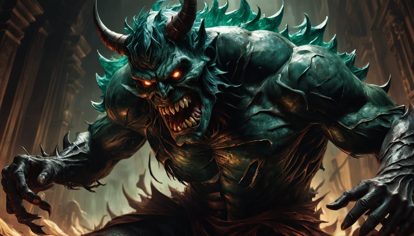 Grotesque Demon in Sepia and Emerald Torment
