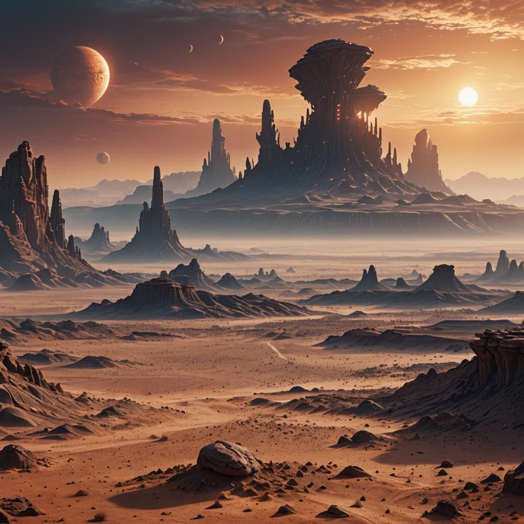 Alien Landscape with Dual Suns: Hyper-Realistic Matte Painti...