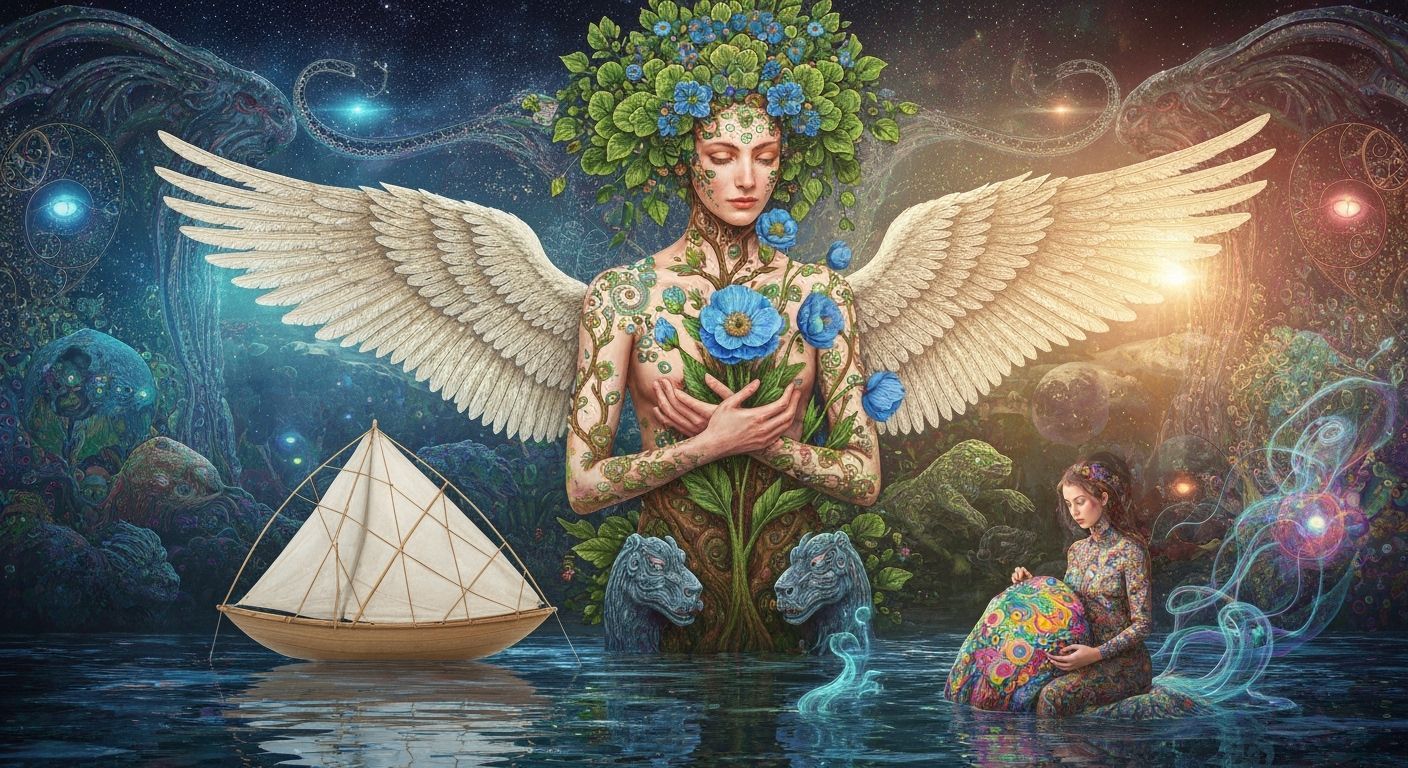 Fantasy Figure Blossoms with Swan Wings in Klimt Style