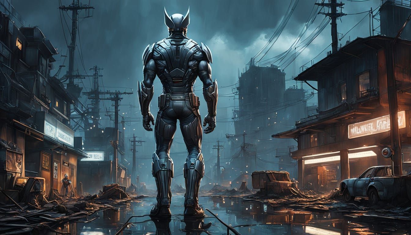 Cyborg Wolverine in a Futuristic Spaceport