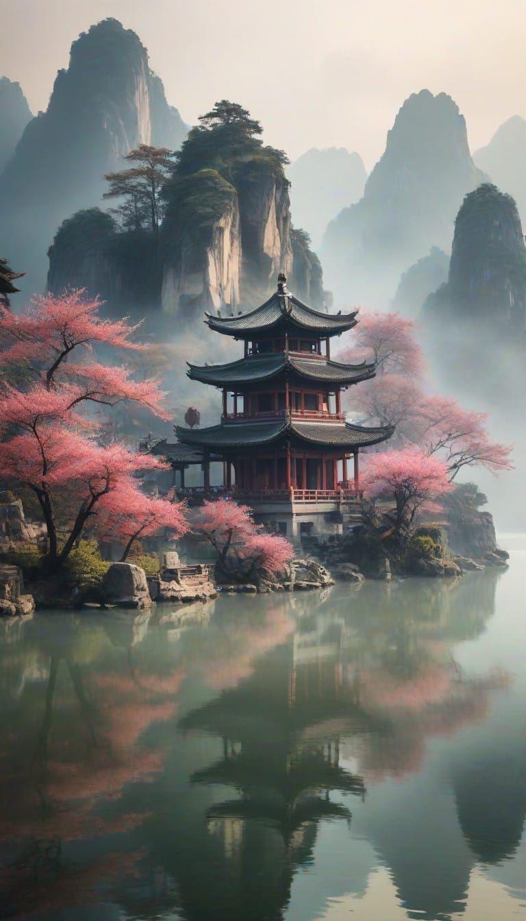 Misty Dawn in Traditional Chinese Paradise
