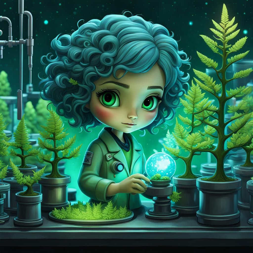 Chibi Scientist with Miniature Trees, Digital Painting