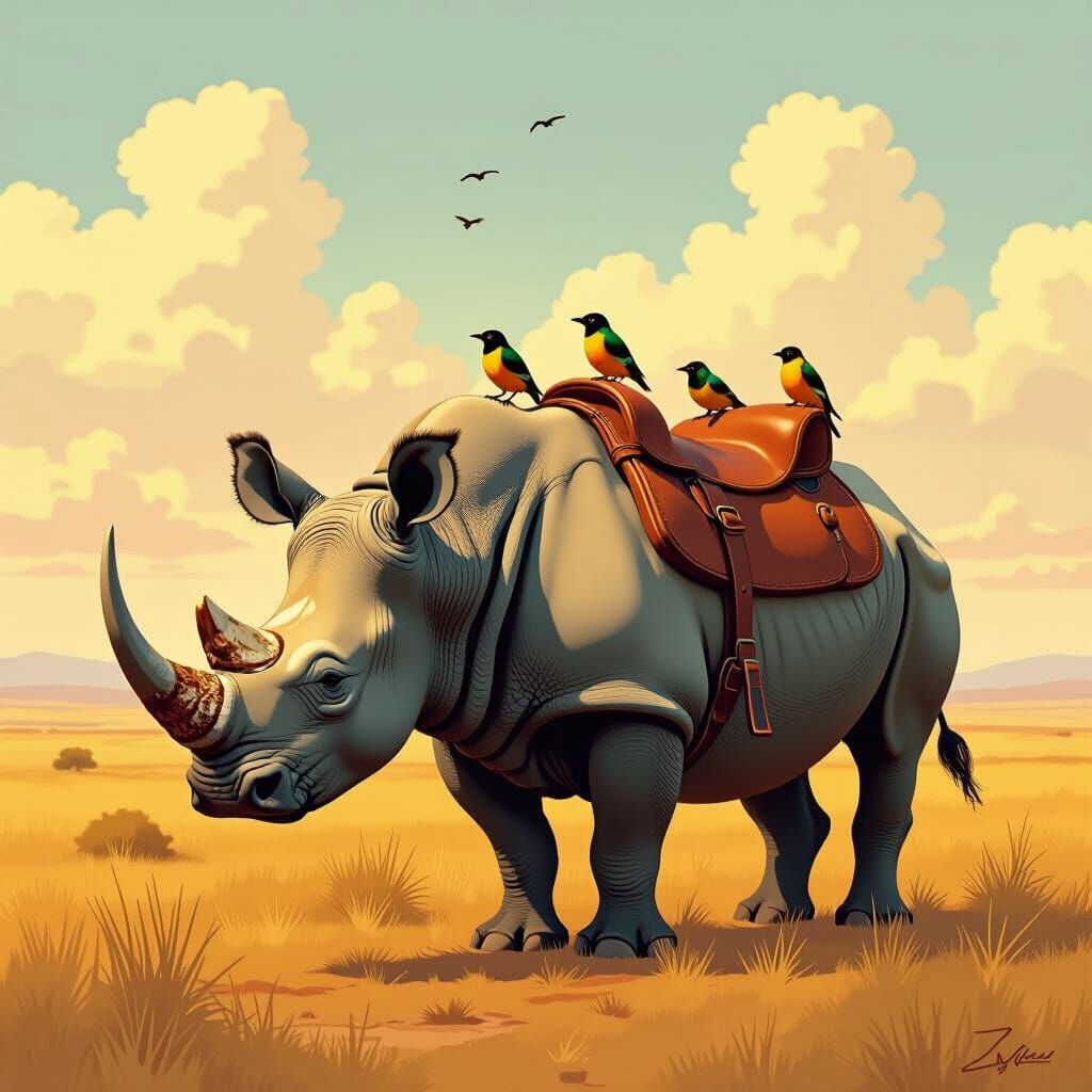 Rhinos with Oxpeckers in Warm Savannah, Stylized Art