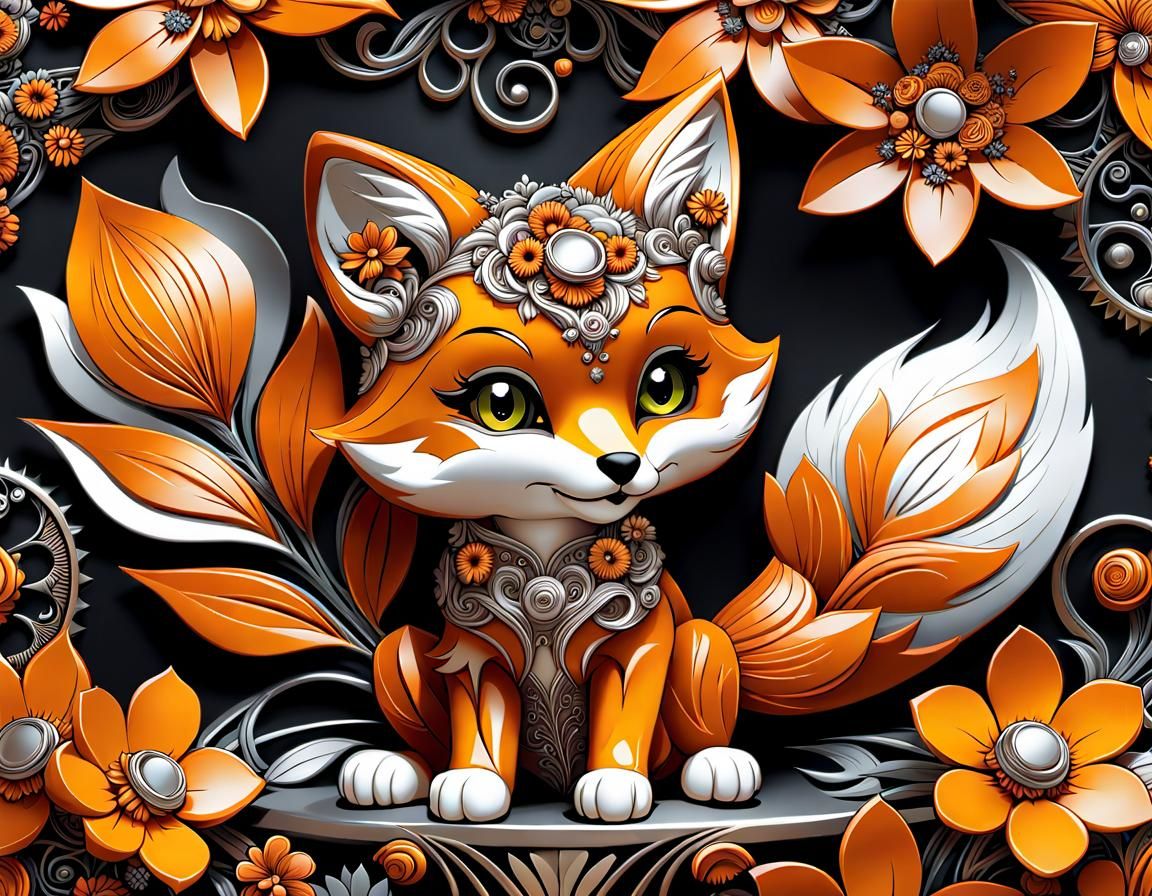 Whimsical Chibi Fox in Steampunk Floral Fantasy