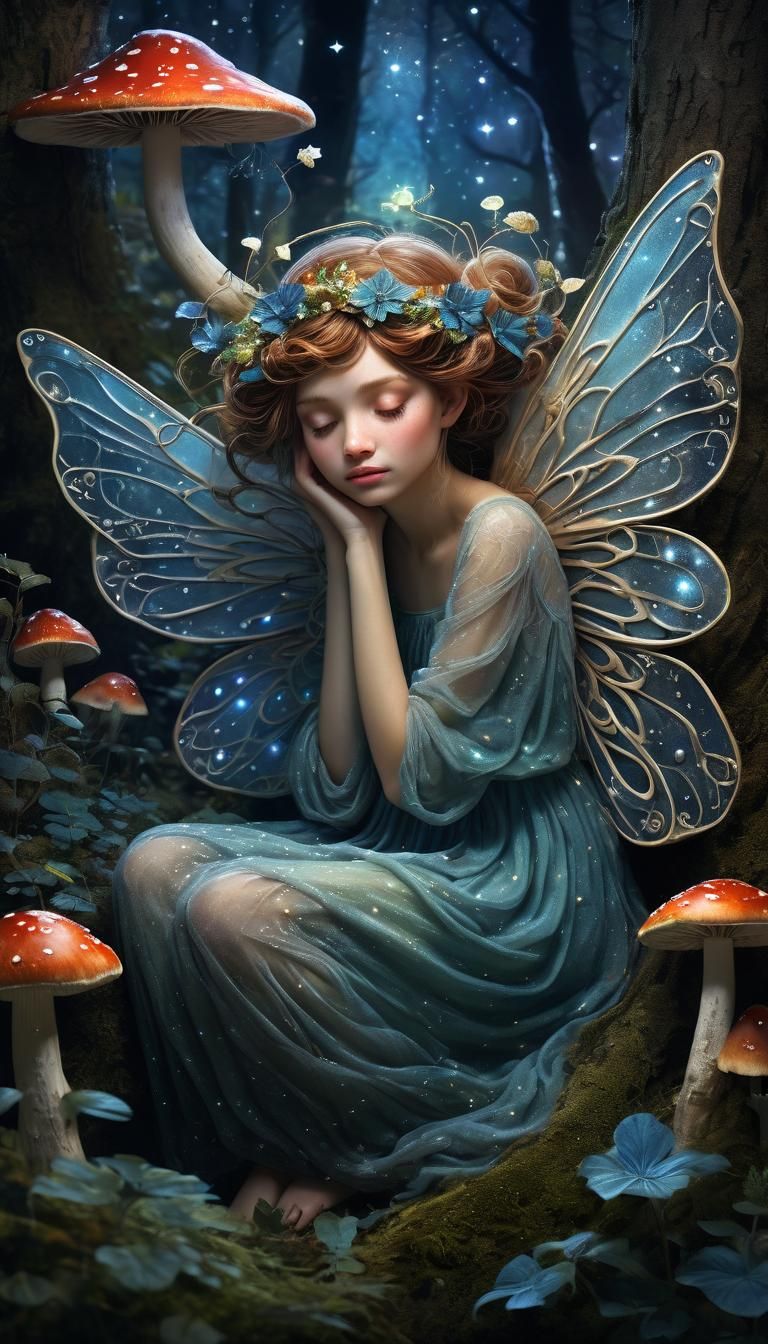 Ethereal Fairy Sleeps Under Mushroom Cap