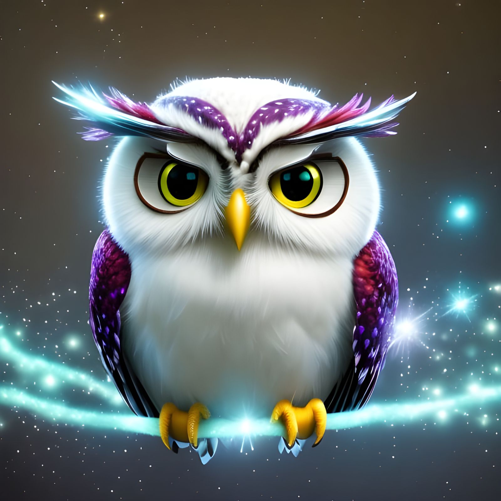 Cute White Owl in Magical Sparkles, Pixar Style