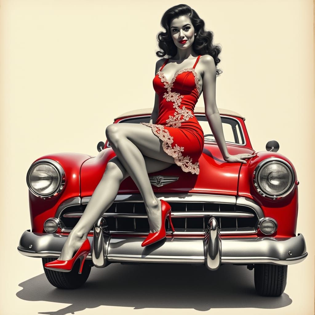 1940s Pinup Woman on Vintage Car, Charcoal Art