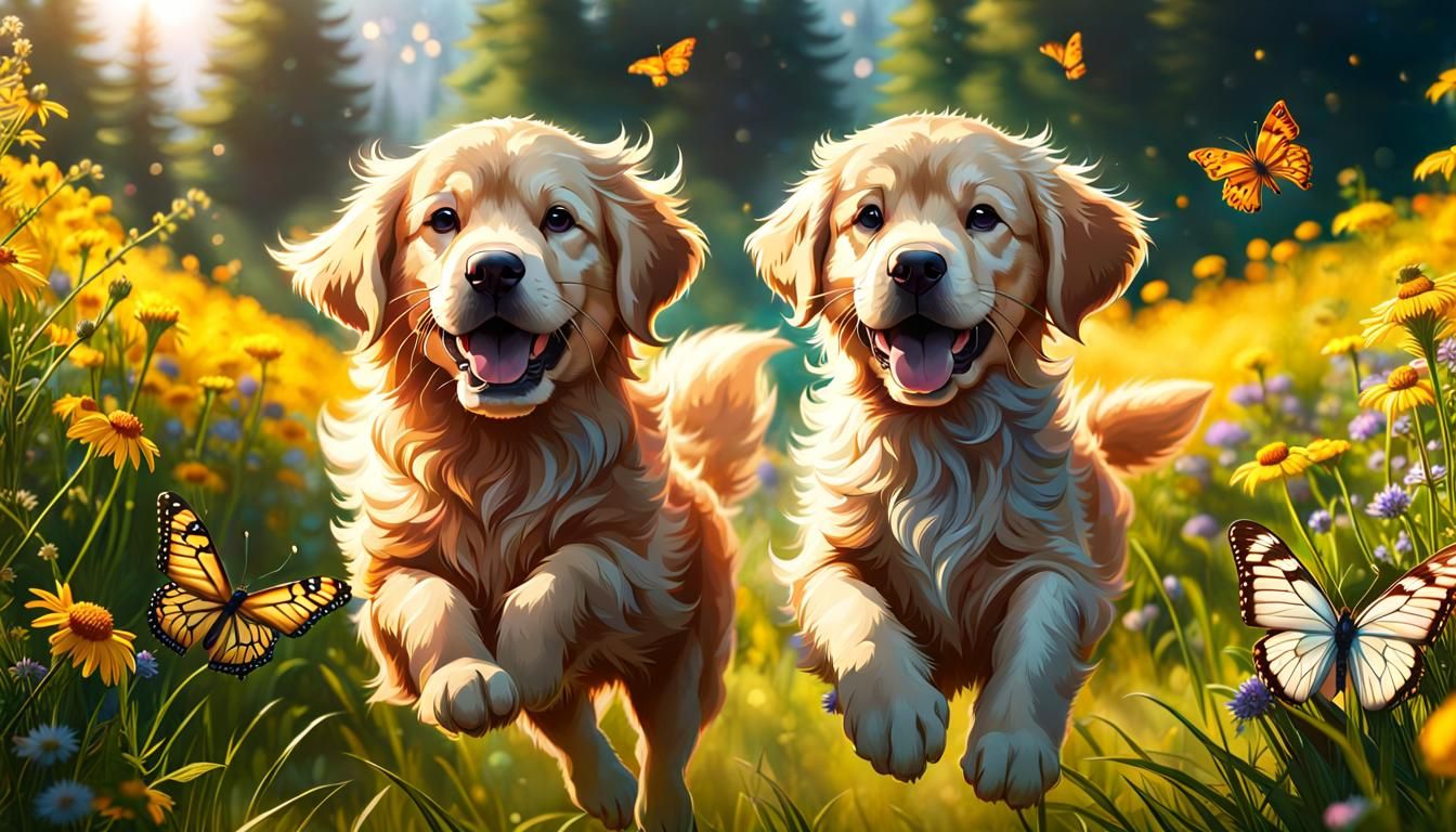 Golden Retriever and Kitten Chase Butterfly