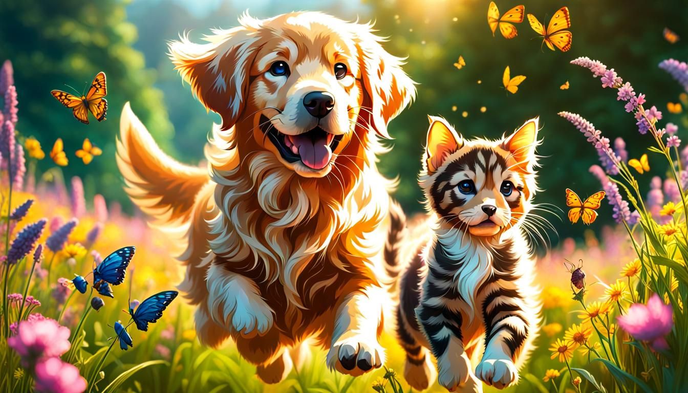 Golden Retriever and Kitten in Wildflower Meadow