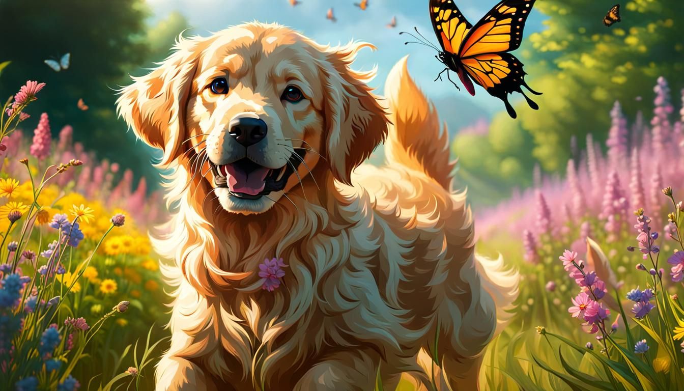 Golden Retriever and Kitten in Wildflower Meadow