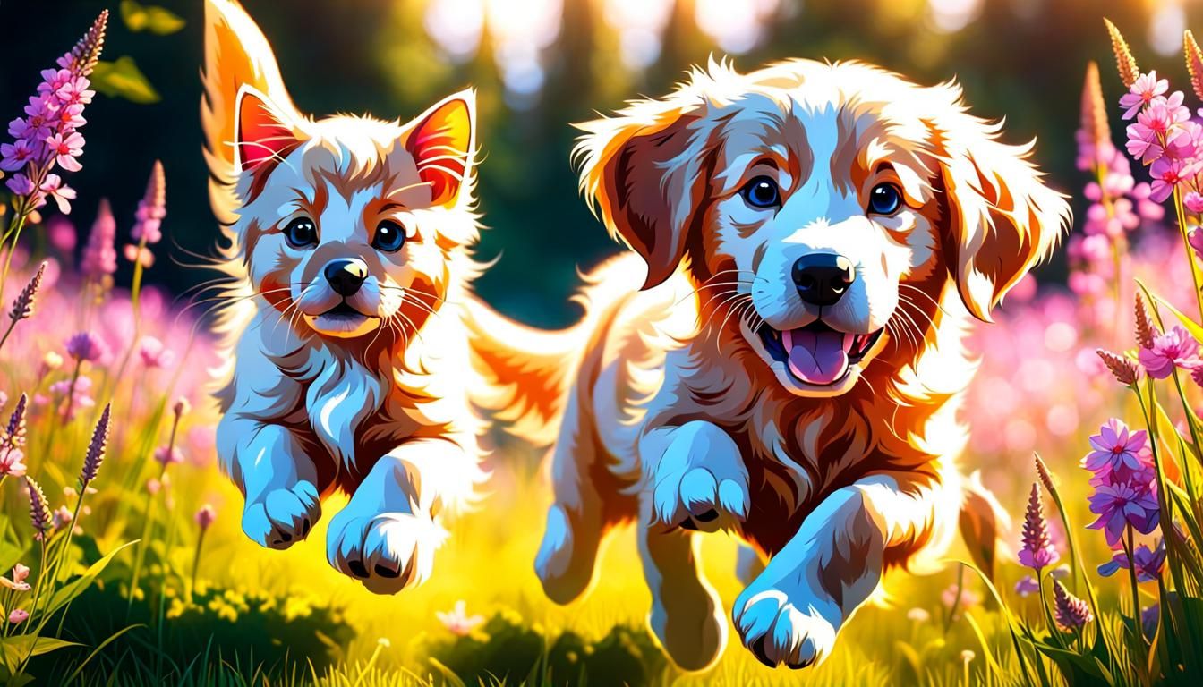 Golden Retriever and Kitten in Wildflower Meadow