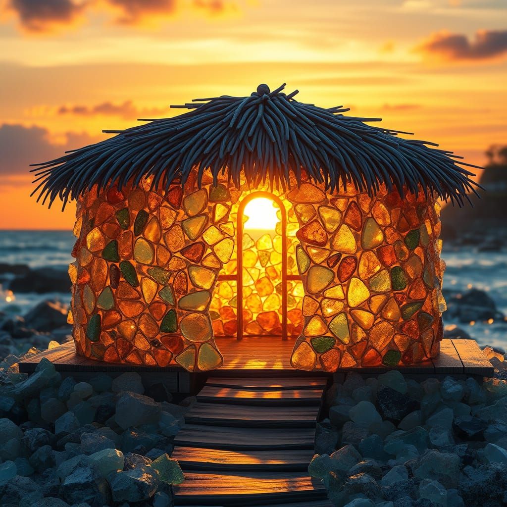 Oceanfront Hut of Sparkling Polished Glass at Sunset