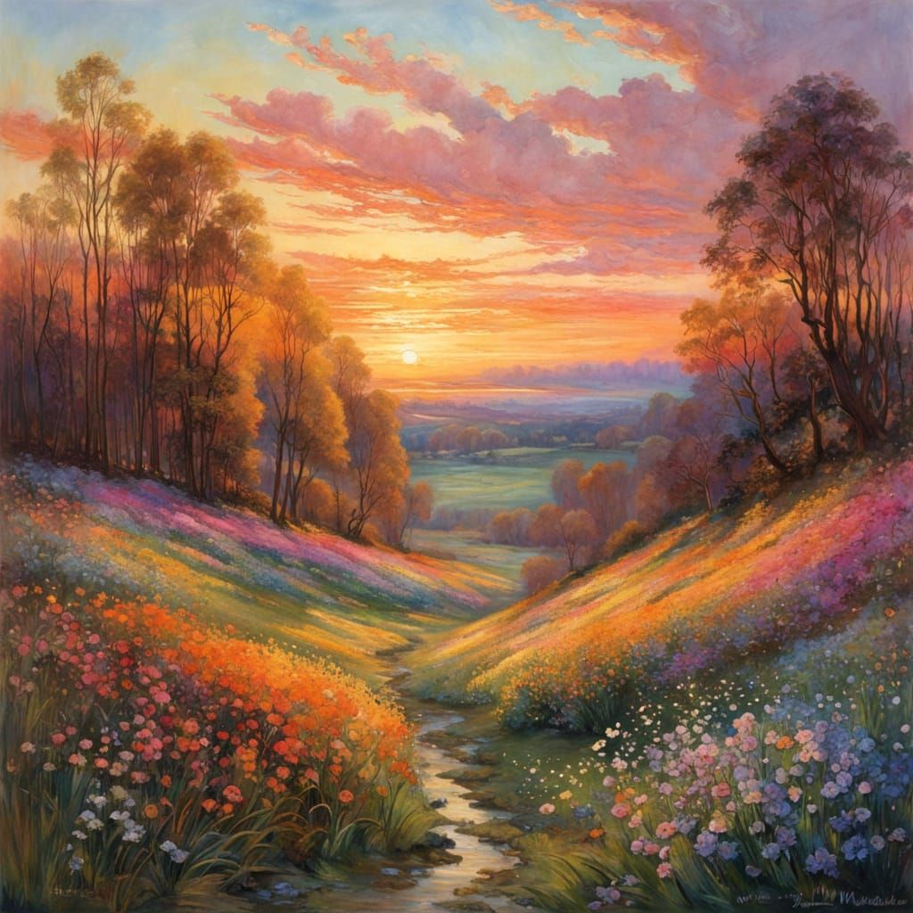 Pastel Sunset Landscape in Vibrant Watercolour Style