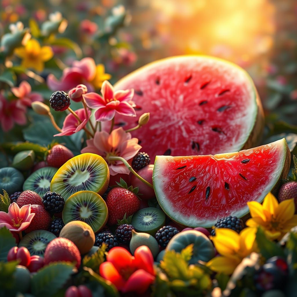 Vibrant Hyperrealistic Garden Blooms with Fruits as Flowers