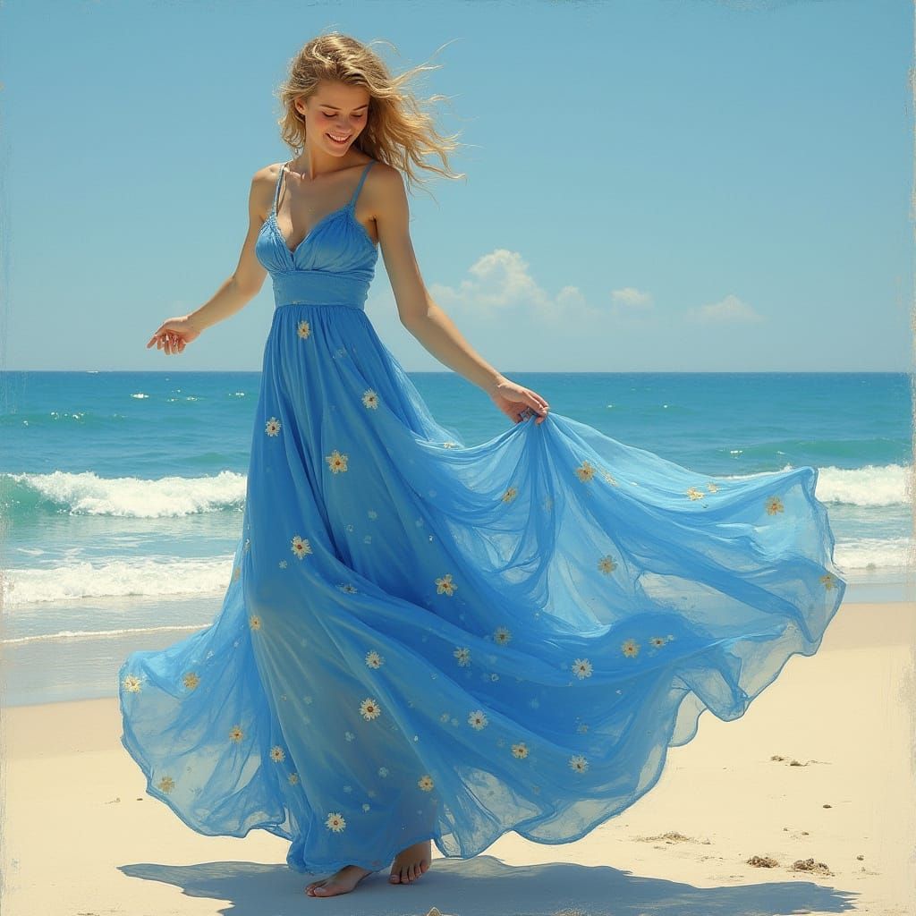 Elegant Woman Dancing on Beach in Art Nouveau Style