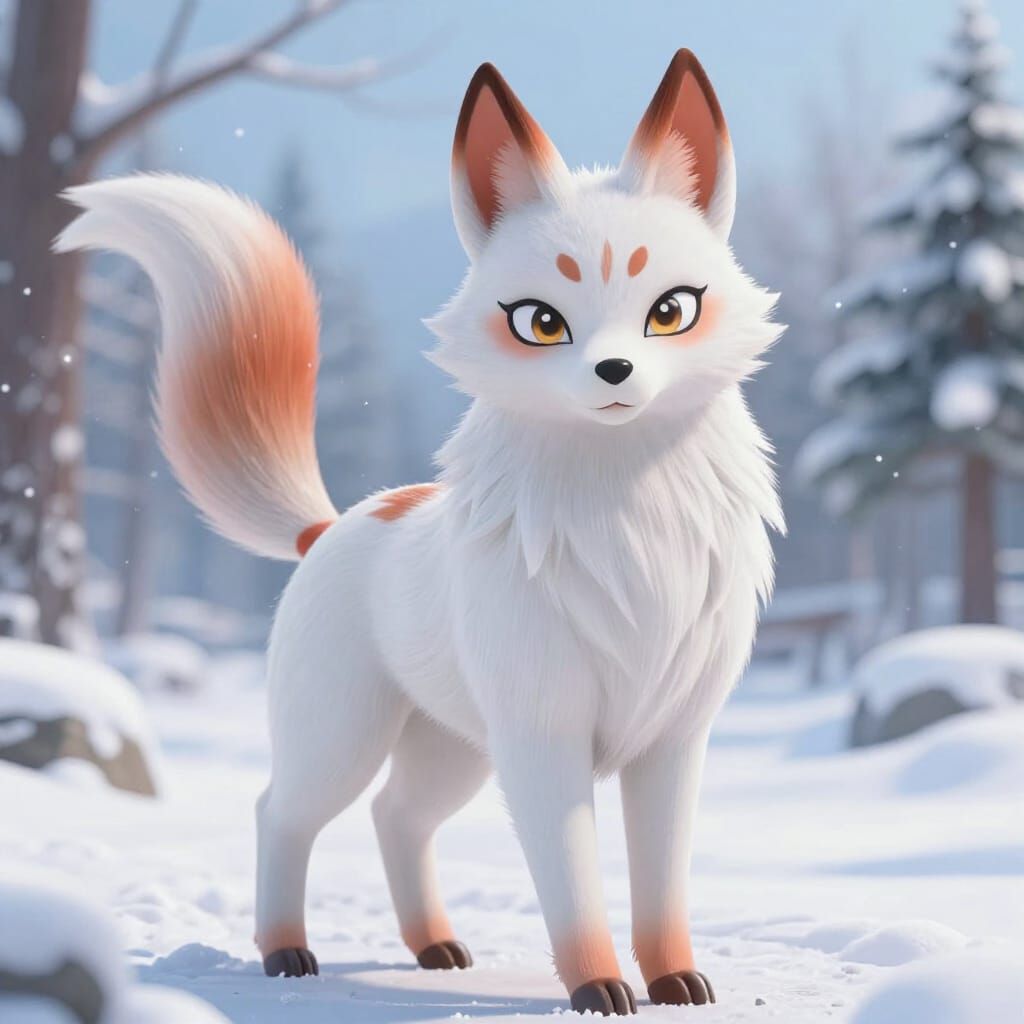 Detailed Kitsune in Snowy Landscape, 3D Anime Art