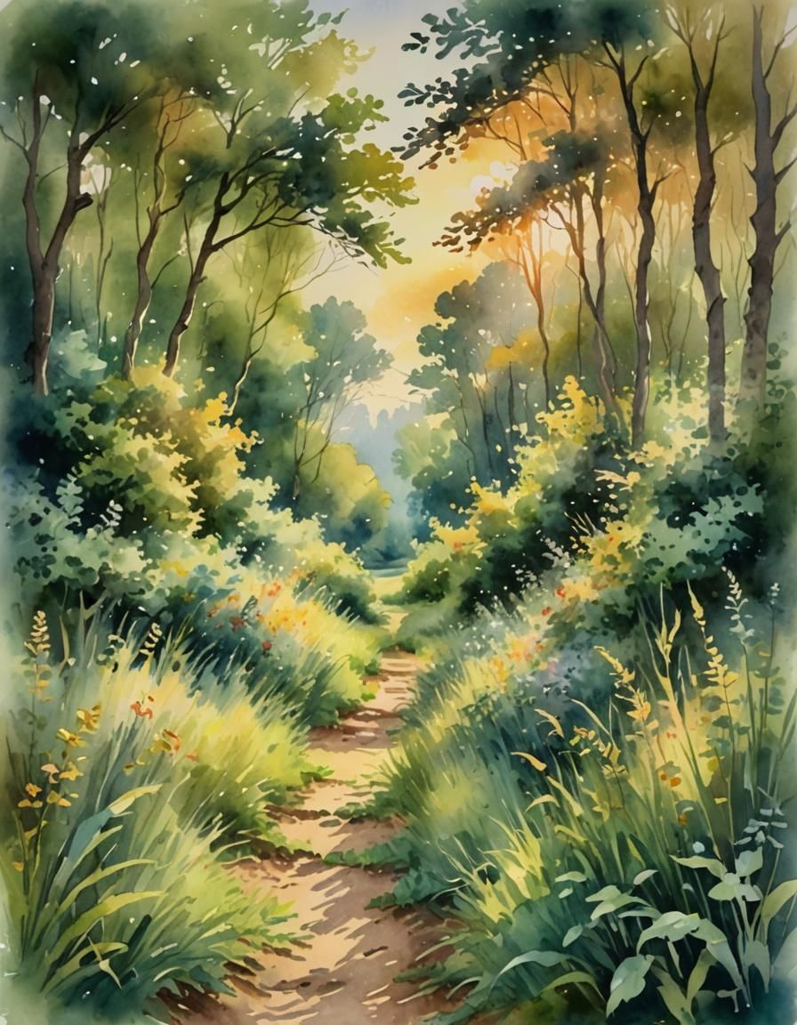 Sunlit Path: Dreamy Impressionistic Watercolor Painting