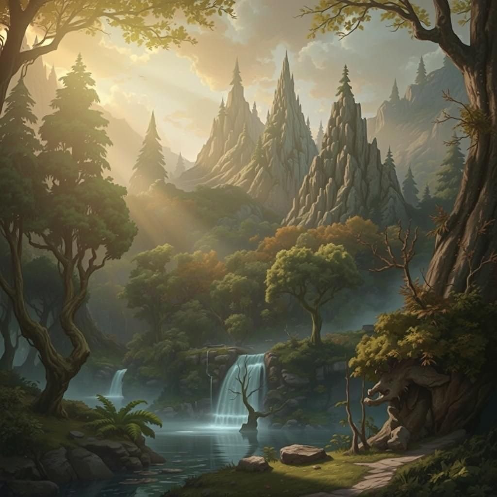 Sunlit Forest Landscape in Comic Book Art Style