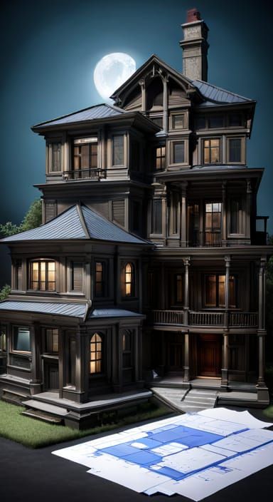 3d model house and blueprint