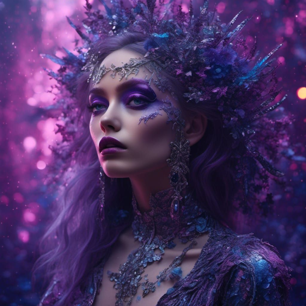 Glittery Woman with Purple Hair in Digital Painting