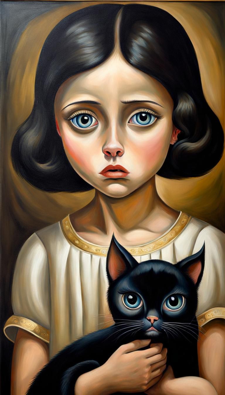 Crying Girl with Cat, Big-Eye Oil Painting