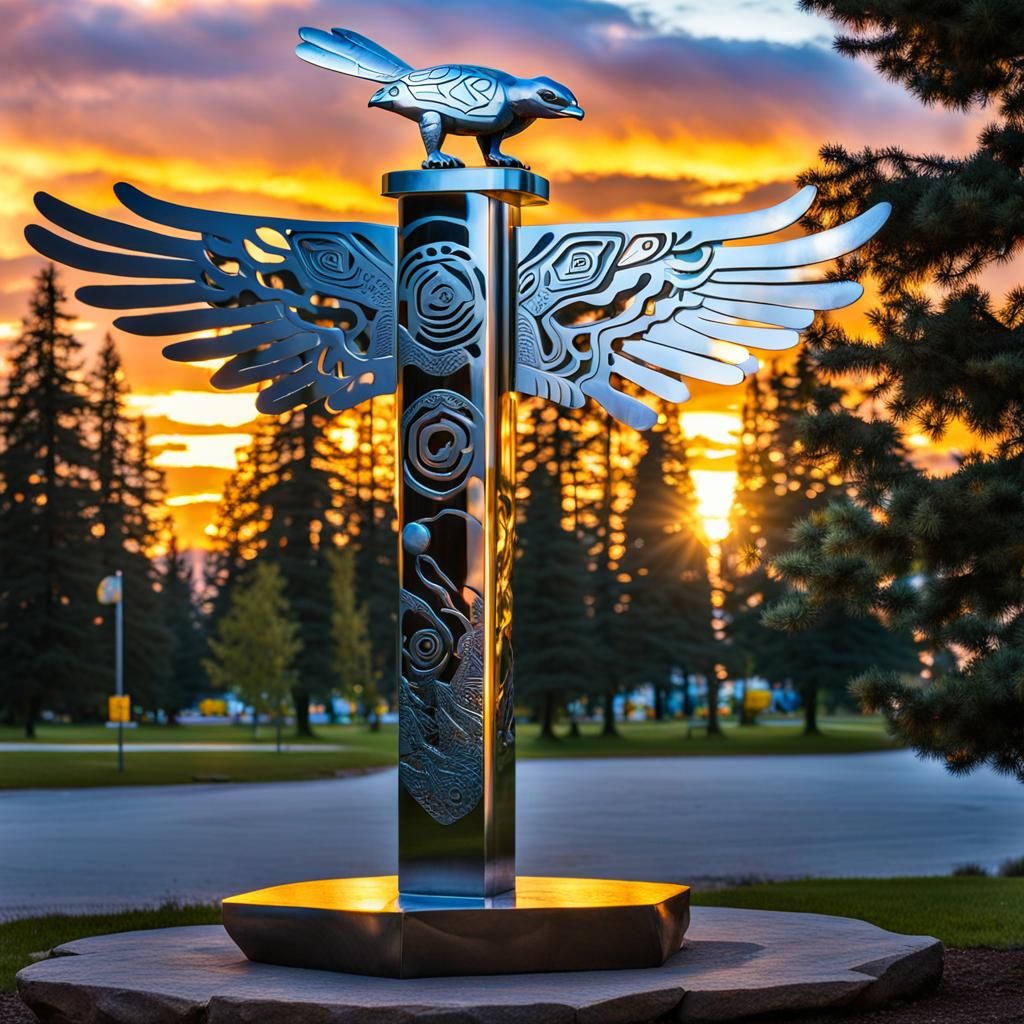 Totem Pole Sculpture in Park at Dusk