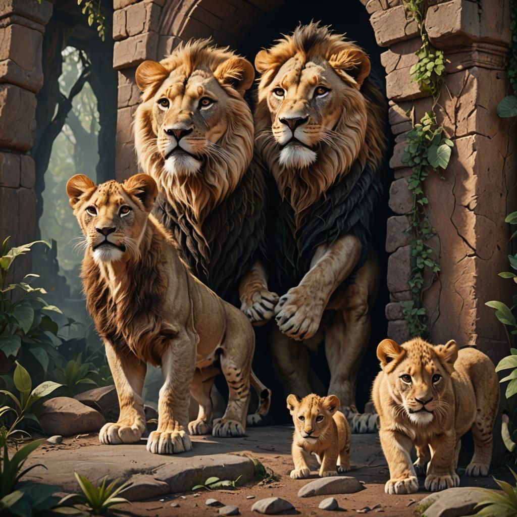 Lion Cubs and Father: Fantasy Concept Art