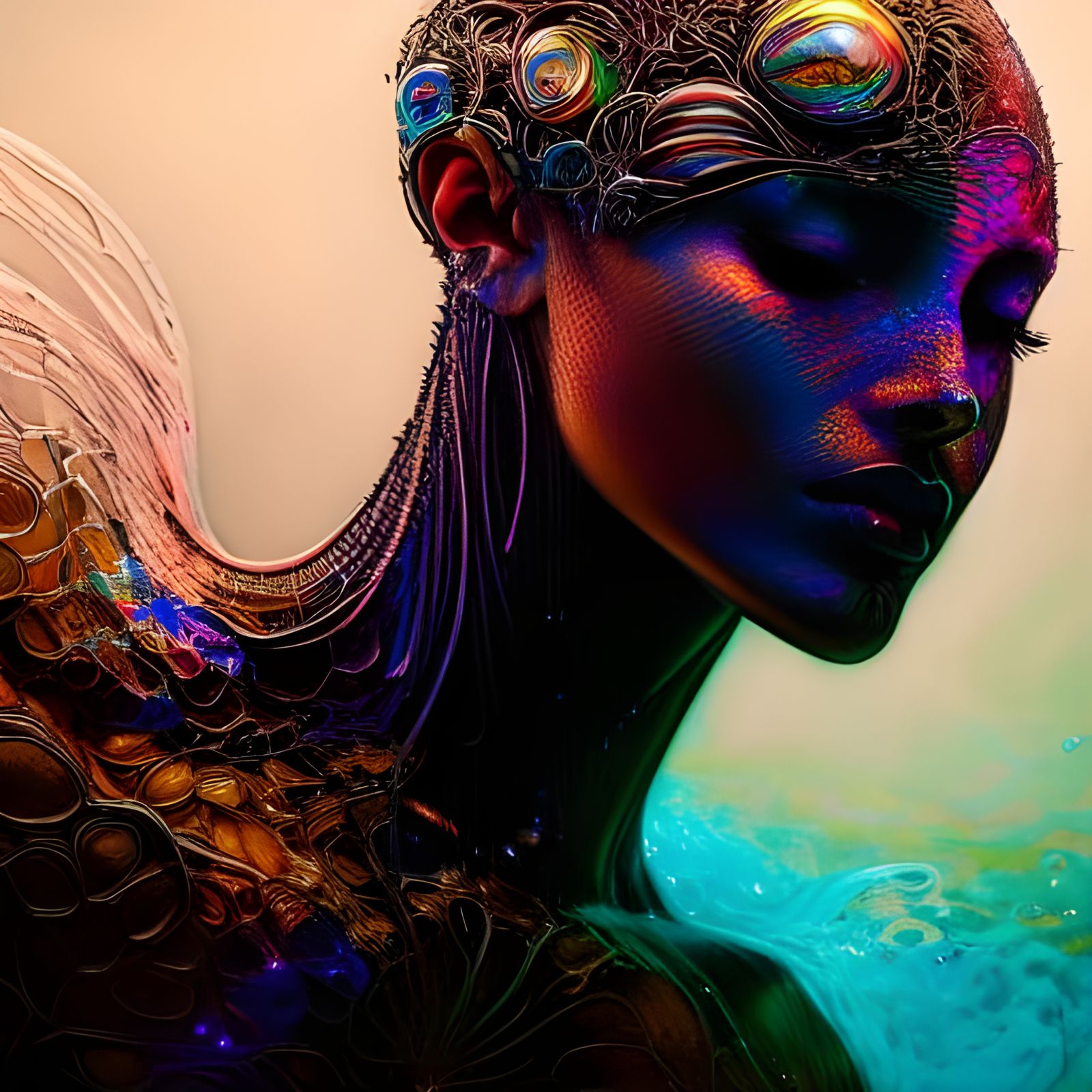 Intricate Figure Emerges from Iridescent Pool