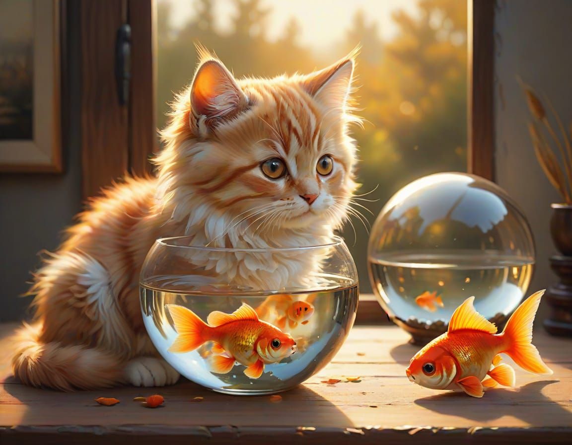Whimsical Oil Painting of Fluffy Kitten and Orange Goldfish