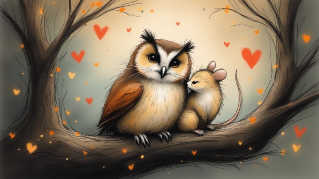 Cute Owl and Mouse Cuddled in Tree with Googly Eyes