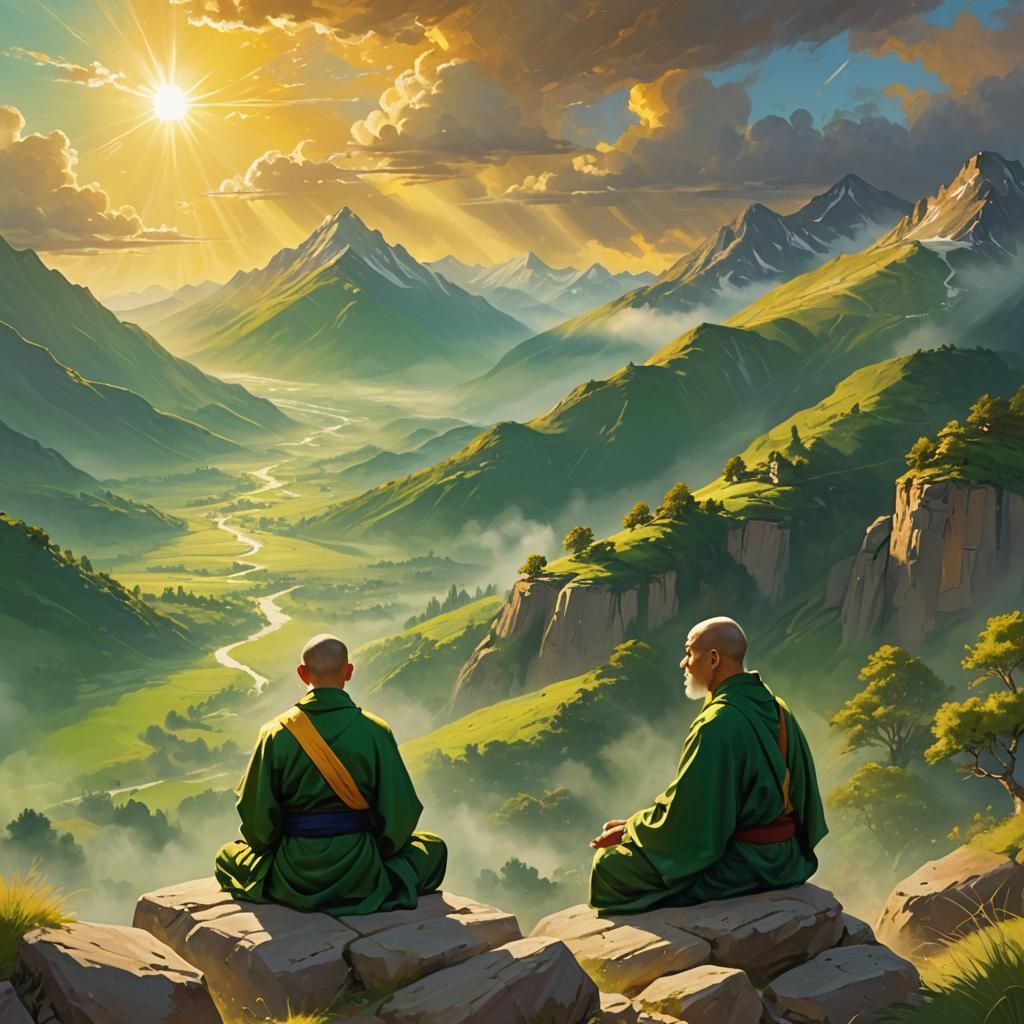 Monk Meditating at Sunrise: Digital Painting