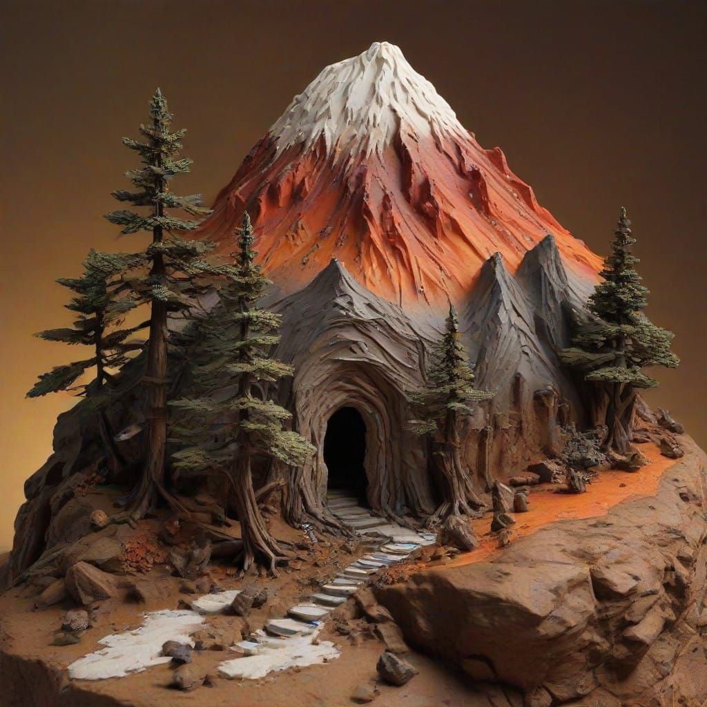A clay model ornament of Mount Etna erupting lava