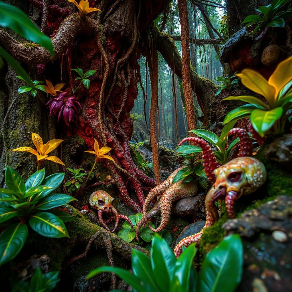 Ancient primordial forest, insane colourful plants, mutant tentacles, mutated spikes and strange creatures