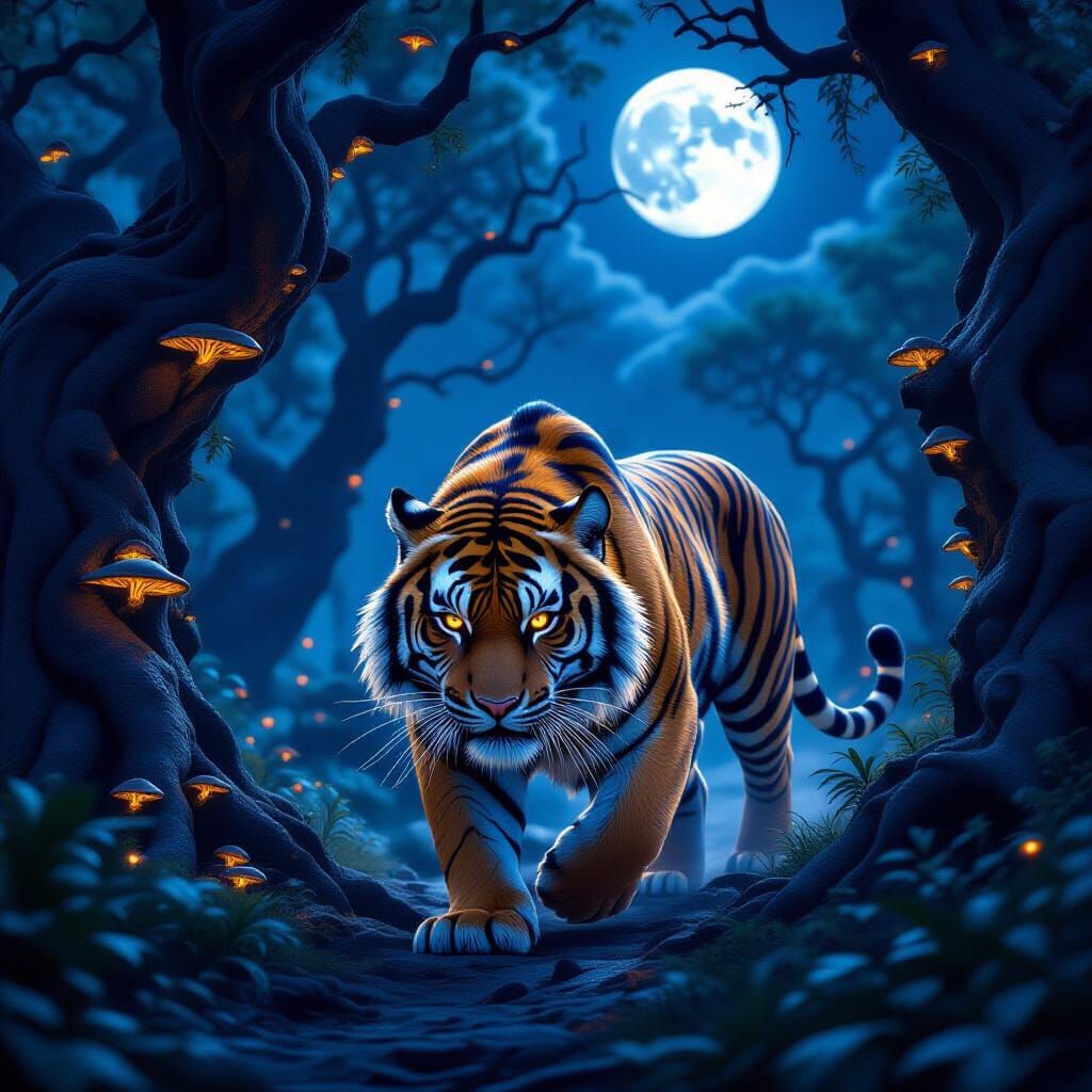 Tiger Stalking in Mystical Forest: Dark Fantasy Concept Art