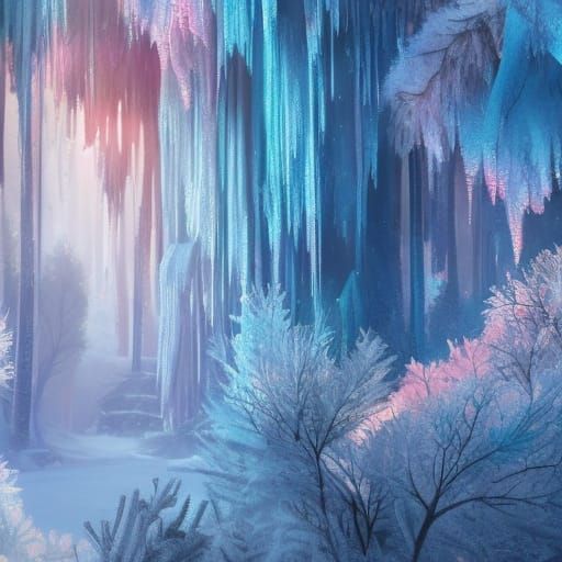 Frozen Waterfall in Starry Winter Forest