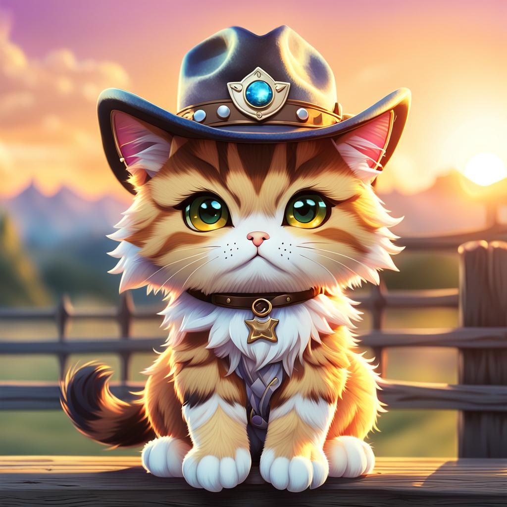 Cute chibi cat wearing a cowboy hat
