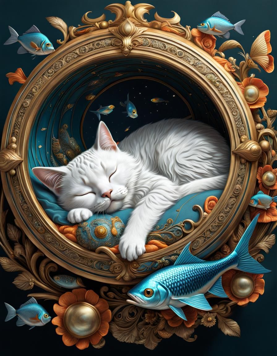 Cat's Dream of Flying Fish: Hyperrealistic Illustration