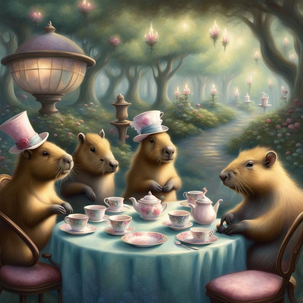 Capybaras Tea Party in Wonderland Style
