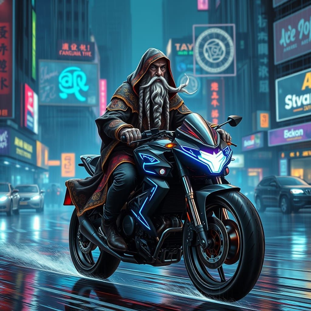 Surreal Cyberpunk Wizard Rides Neon Motorcycle Through Futur...