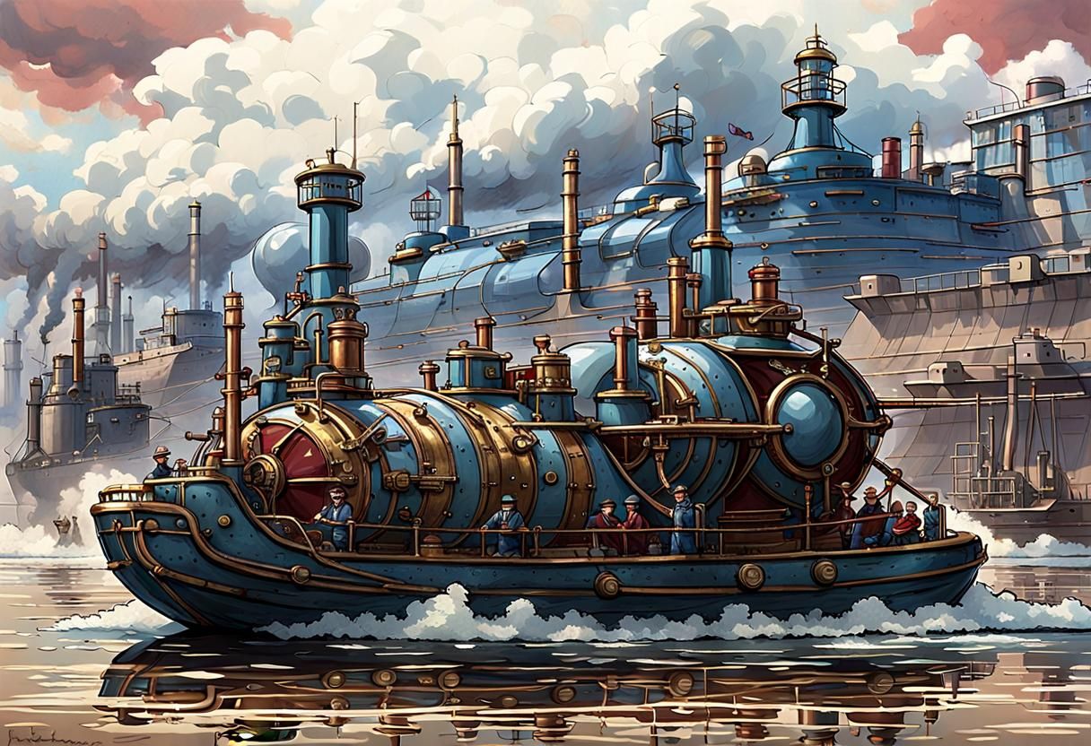 Steampunk Hovercraft Racing Past Factories
